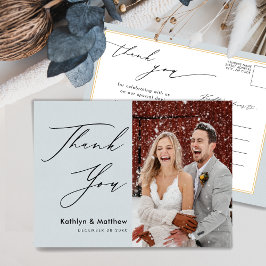 Cartão Postal Dusty Blue Elegant Script Chic Weding Obrigado