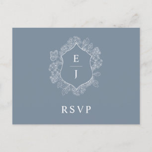 Cartão Postal Dusty Blue Floral Crest Monograma Casamento RSVP