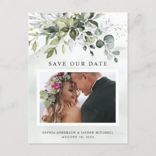 Cartão Postal Dusty Blue Greenery Foto de Casamento Salve a Data