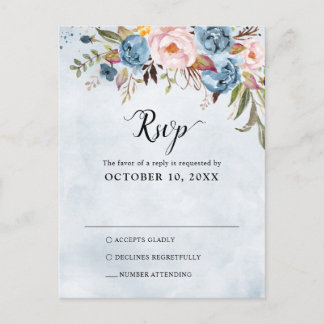 Cartão Postal Dusty Blue Peach Blush Botanical Boho Casamento RS