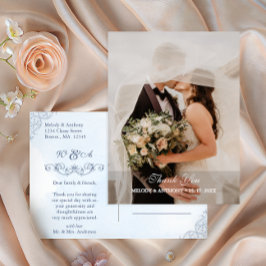 Cartão Postal Dusty Blue Photo Wedding Thank You