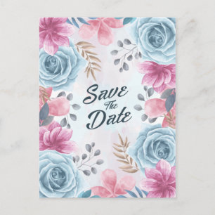 Cartão Postal Dusty Blue Rosa e Pink Floral Salvar a Data