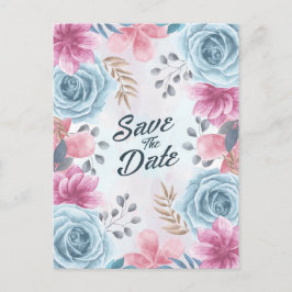 Cartão Postal Dusty Blue Rosa e Pink Floral Salvar a Data
