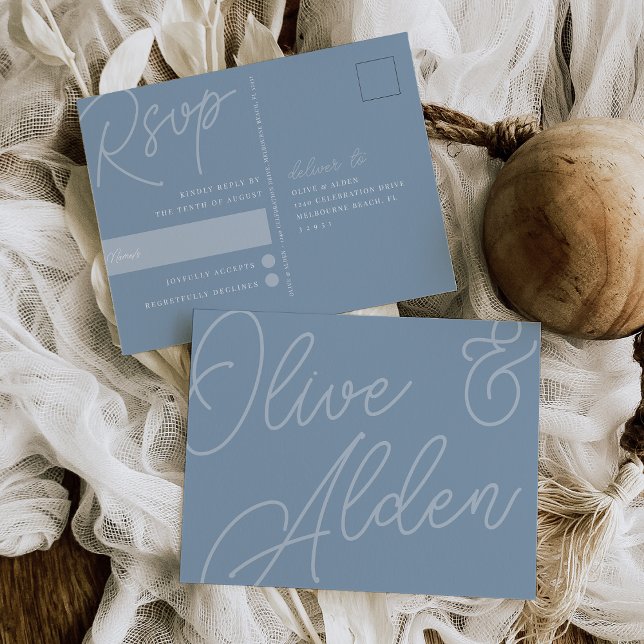 Cartão Postal Dusty Blue | Script Watermark RSVP (Criador carregado)