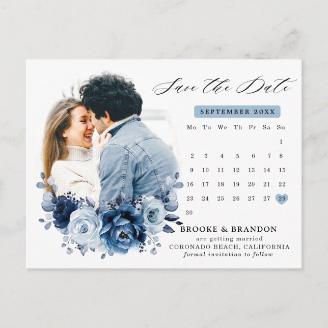 Cartão Postal Dusty Blue Slate Marinho Floral Casamento Salve a  (Frente)