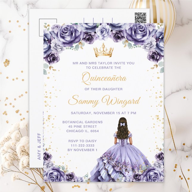Cartão Postal Dusty Purple Princesa Floral Quinceañera (Criador carregado)