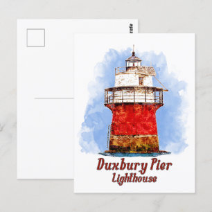 Cartão Postal Duxbury Pier Lighthouse Watercolor - Massachusetts