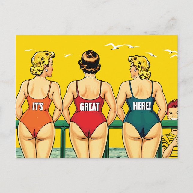 Cartão Postal É Excelente Aqui, Bonito Mulheres em uma Praia, En (Frente)