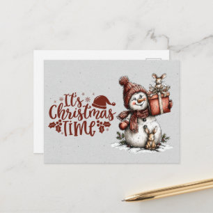 Cartão Postal É Natal Boneco de Neve Segurando Presente e Rato
