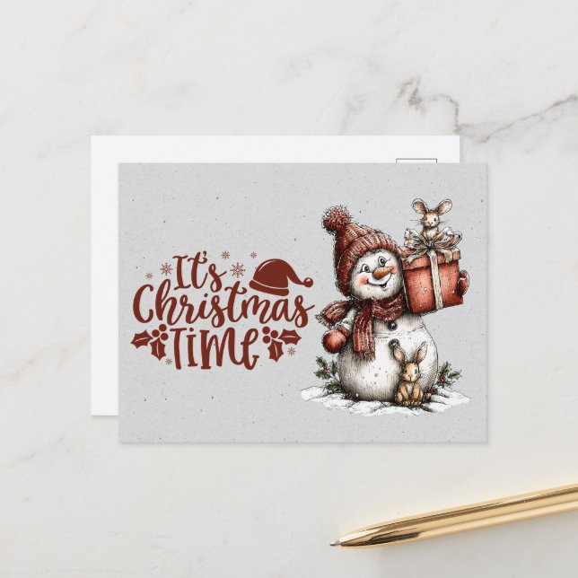 Cartão Postal É Natal Boneco de Neve Segurando Presente e Rato (Frente/Verso In Situ)
