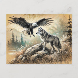 Cartão Postal Eagle and Wolf in Wild Landscape