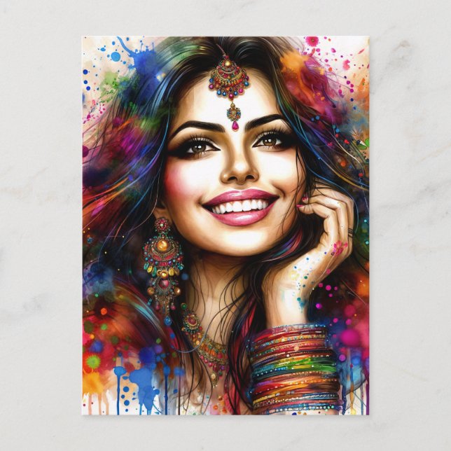 Cartão Postal East Indian Beauty Colorful Festival Art (Frente)