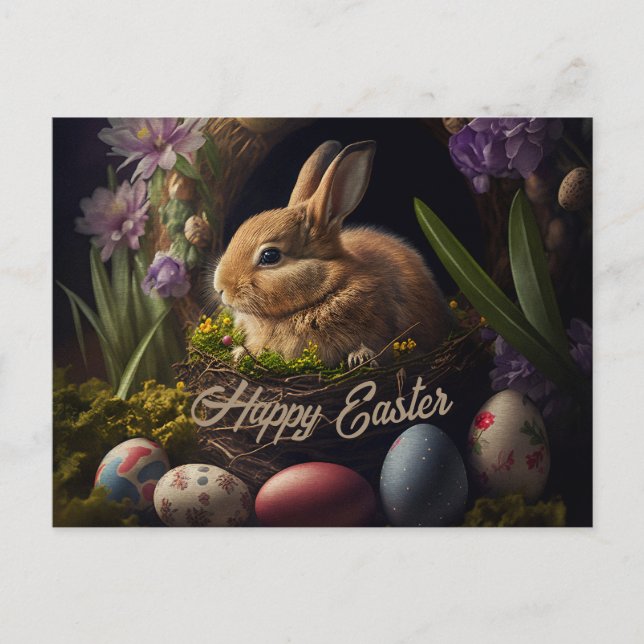 Cartão Postal Easter Bunny in eggs nest cute (Frente)
