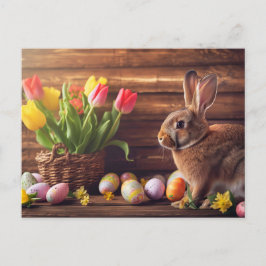 Cartão Postal Easter bunny seated beside colorful eggs and tulip