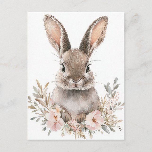 Cartão Postal Easter Postcard with Flowers and Easter Bunny (Frente)