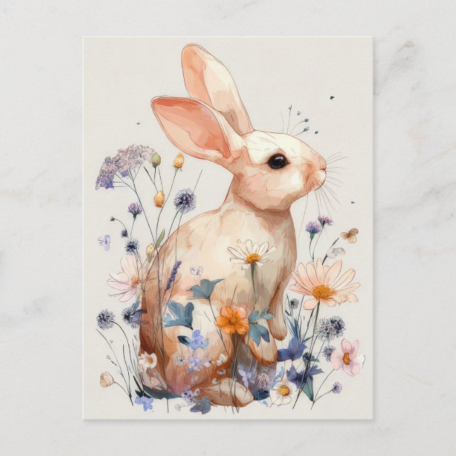 Cartão Postal Easter Postcard with Flowers and Easter Bunny (Frente)