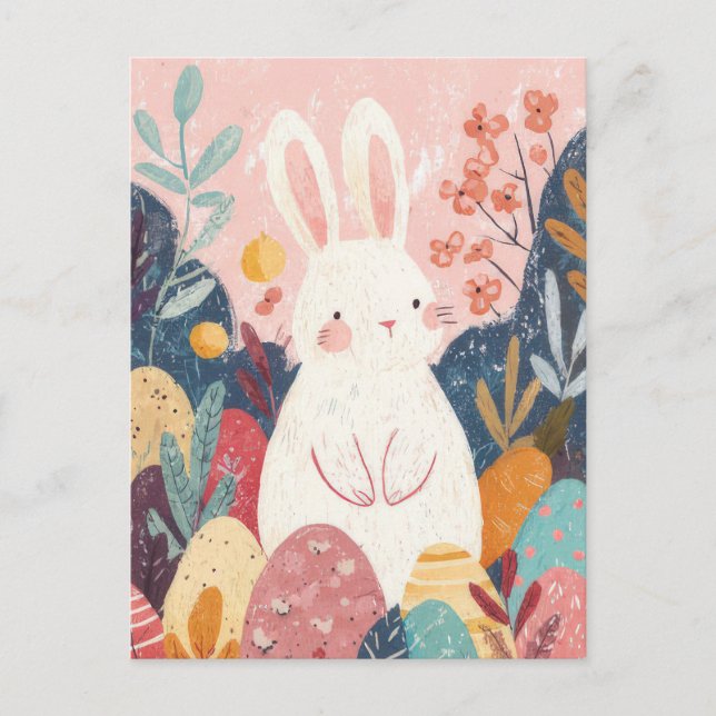 Cartão Postal Easter Postcard with Flowers and Easter Bunny (Frente)