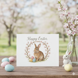 Cartão Postal Easter Rabbit and Cherry Blossom Wreath 