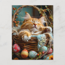 Cartão Postal Easter Season Cute Cat Sleeping in Wicker Basket