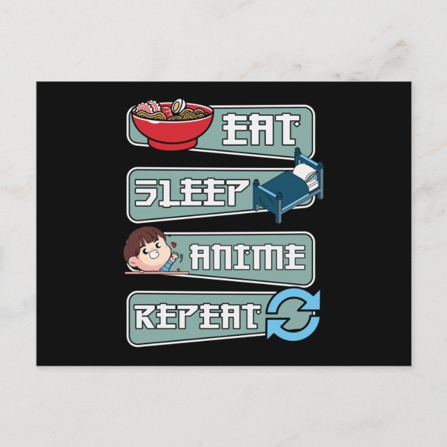 Cartão Postal Eat Sleep Anime Repete Japonês | Kawaii Design (Frente)