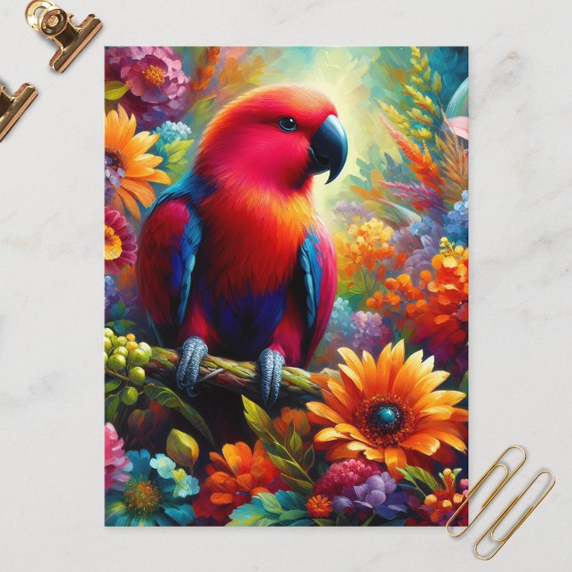 Cartão Postal Eclectus Parrot com Flores Coloridas (Criador carregado)