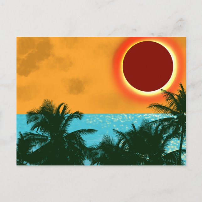 Cartão Postal Eclipse Solar Tropical Com Palmeiras Oceano Azul (Frente)