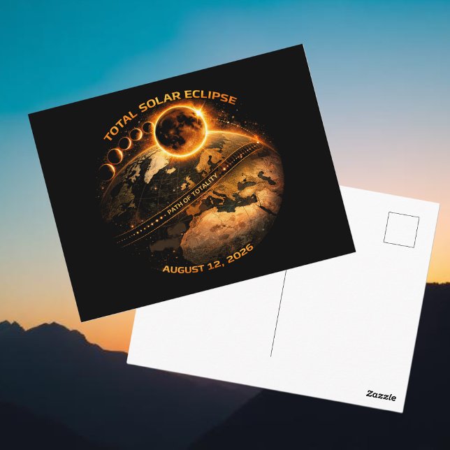 Cartão Postal Eclipse Total do Sol de Agosto de 2026 Caminho da  (Total Solar Eclipse August 2026 Path of Totality Postcard )