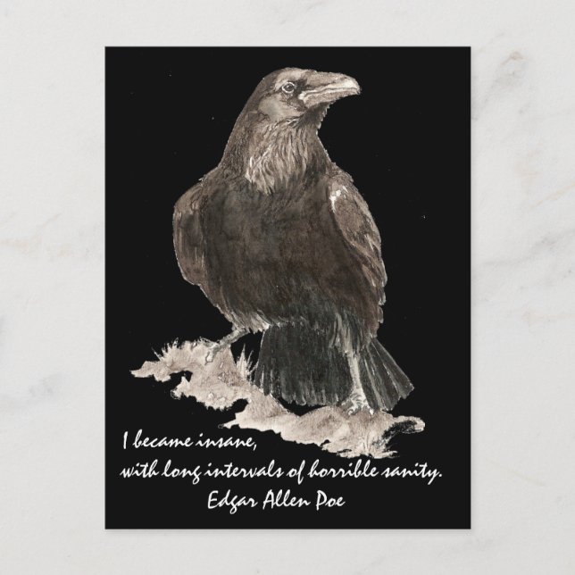 Cartão Postal Edgar Allen Poe Insanity Quote Watercolor Raven (Frente)