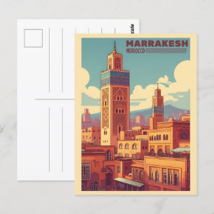 Cartão Postal Edifício da cidade antiga de Marrakech com mesquit