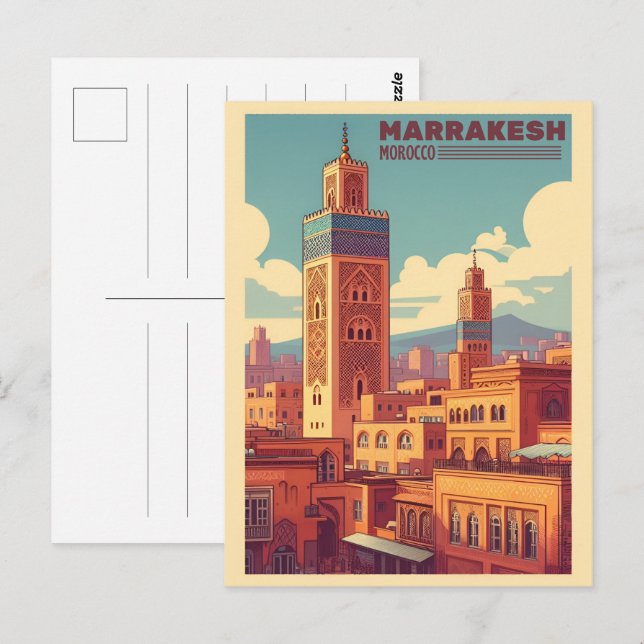 Cartão Postal Edifício da cidade antiga de Marrakesh com mesquit (Frente/Verso)