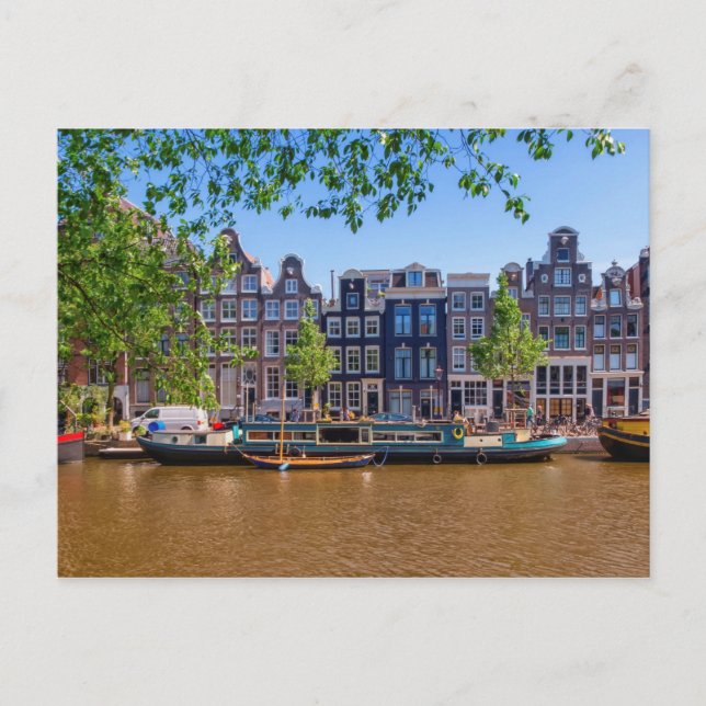 Cartão Postal Edifícios e canal em Amsterdã, Países Baixos (Frente)