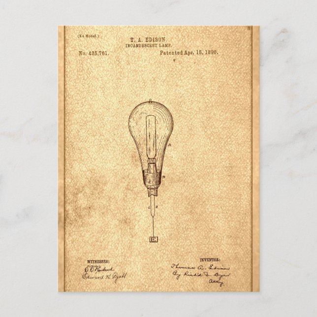 Cartão Postal Edison Bulb Patent (Frente)