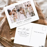 Cartão Postal Editável Salvar a Data 3 Foto em Branco - Carta<br><div class="desc">Foto moderna e elegante Guarde o Cartão de Casamento de Data. O cartão de convite para salvar data inclui tipografia branca e chic e design simples em um fundo branco ao qual você pode adicionar sua fotografia personalizada de noivado.</div>
