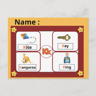 Cartão Postal Educational Alphabet Letter K Flashcard for Kids 
