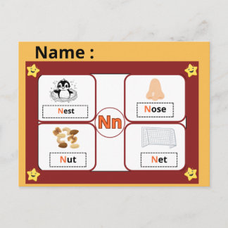 Cartão Postal Educational Alphabet Letter N Flashcard for Kids 