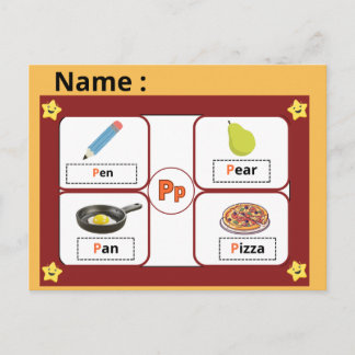 Cartão Postal Educational Alphabet Letter P Flashcard for Kids 