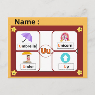 Cartão Postal Educational Alphabet Letter U Flashcard for Kids 
