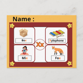 Cartão Postal Educational Alphabet Letter X Flashcard for Kids 