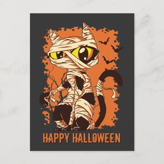 Cartão Postal Eerie Mummy Cat Happy Halloween (Frente)