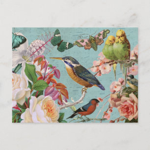 Cartão Postal Efêmeras Vintage Rosas Borboletas & Aves Colagem