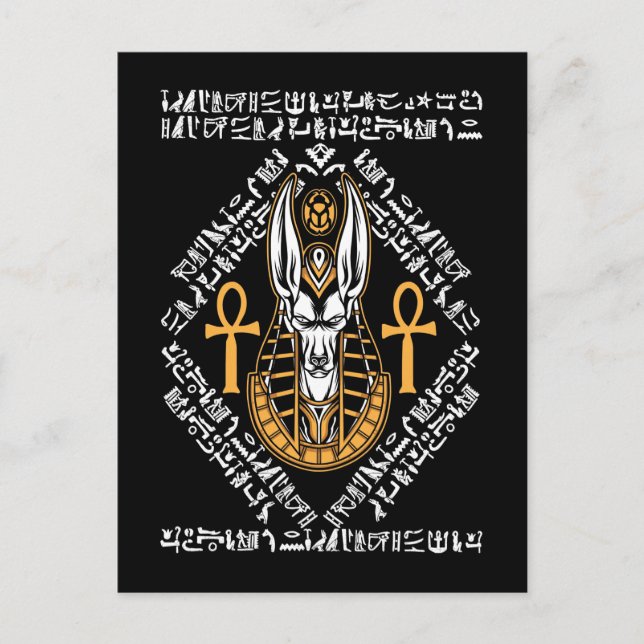 Cartão Postal Egito Deus Anubis Ankh Egito Hieroglifos (Frente)