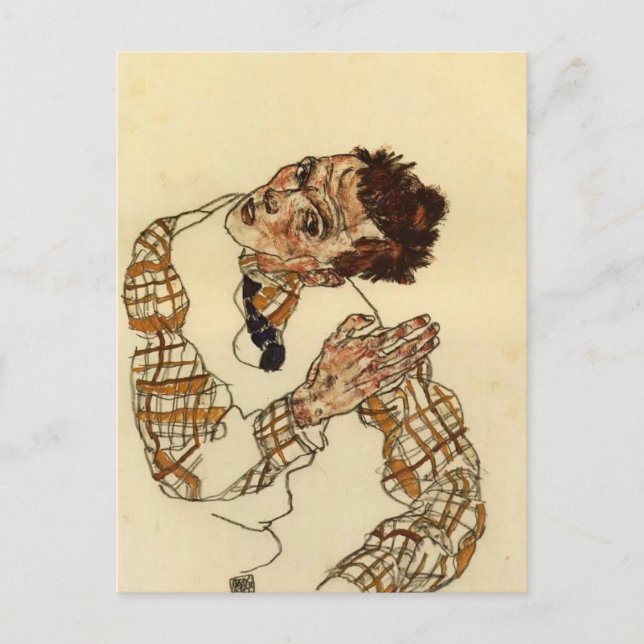 Cartão Postal Egon Schiele - autorretrato com camisa verificada (Frente)