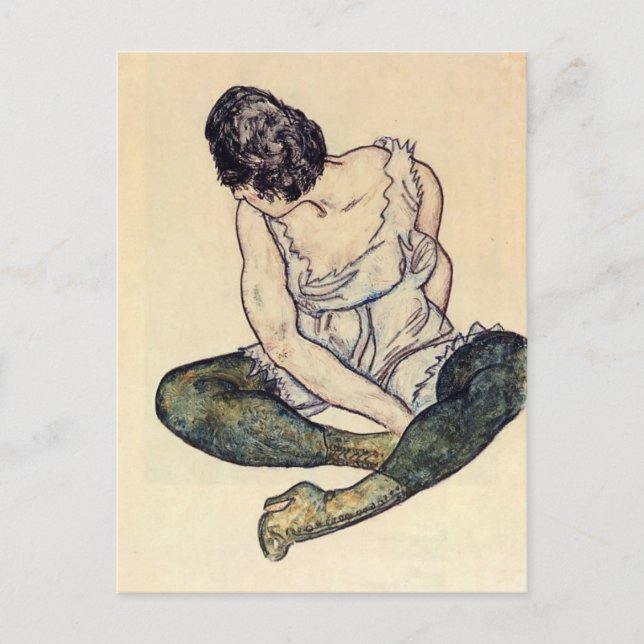 Cartão Postal Egon Schiele - Mulher sentada com estoques verdes (Frente)