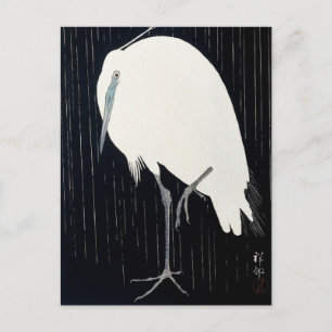Cartão Postal Egret na pintura da chuva por Ohara Koson