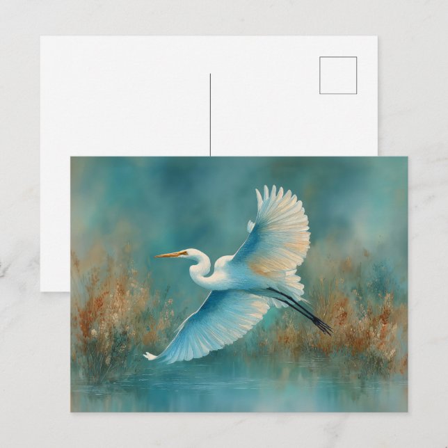 Cartão Postal Egrete Branco na Aquarela de Voo (Frente/Verso)