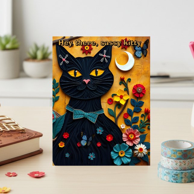 Cartão Postal Ei, Cartaz de Arte de Gato Negro (Send this postcard to your sassy friend. Unique design for stationery enthusiasts and cat lovers)