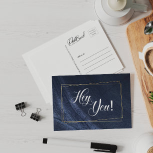 Cartão Postal Ei, Seu Azul Denim Dourado Diversão Diga Oi