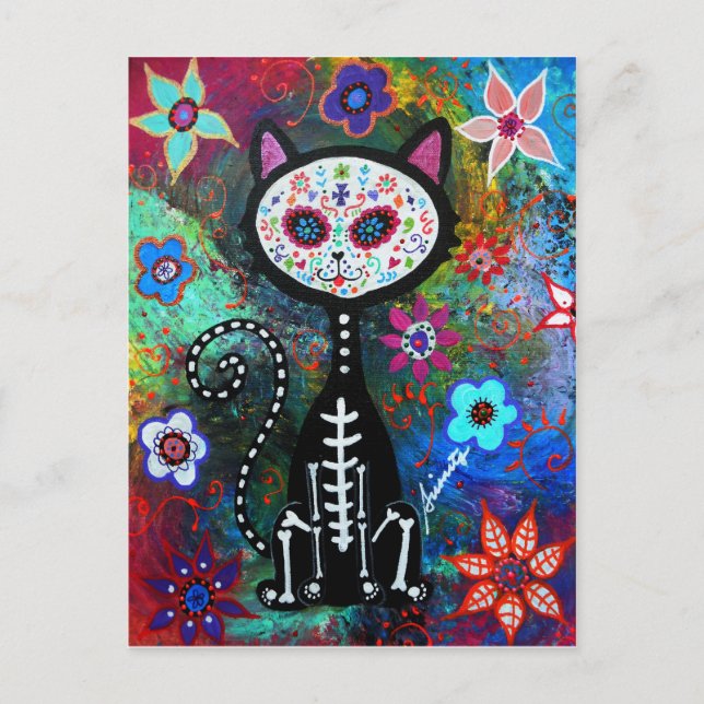 Cartão Postal El Gato Cat Dia de los Muertos por Prisarts (Frente)