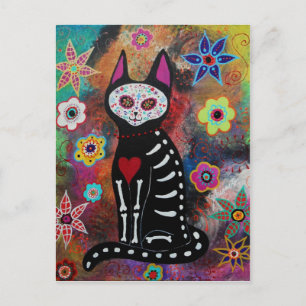 Cartão Postal El Gato Day of the Dead Painting by Prisarts (Dia 