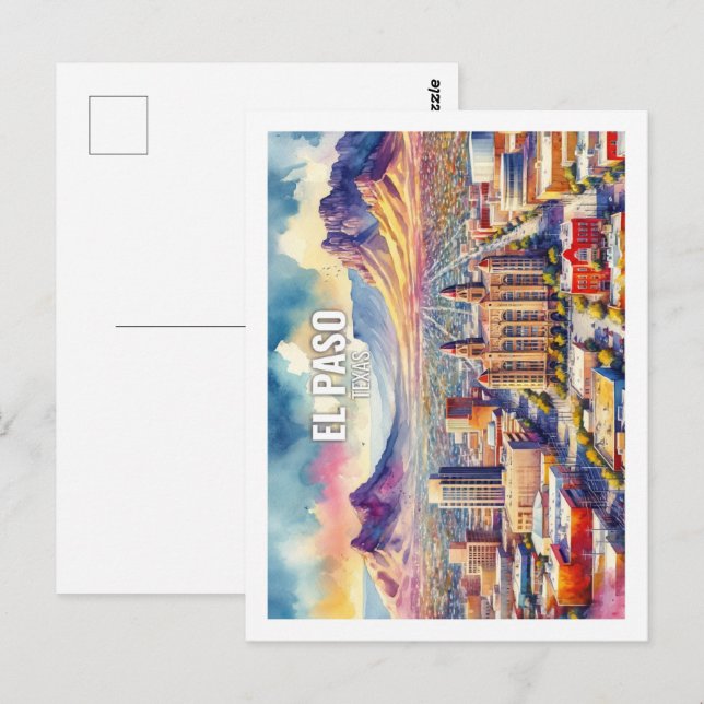 Cartão Postal El Paso Texas Famoso Viagem coloca aquarela (Frente/Verso)